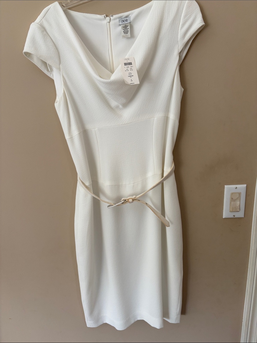 Cache Cream Cowl-Neck Midi Dress with Slim Belt